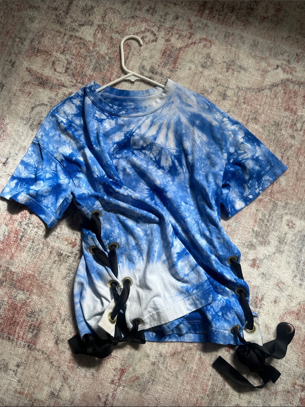 Sacai Blue and White Tie-Dye Short Sleeve Tee with Lace-Up Sides